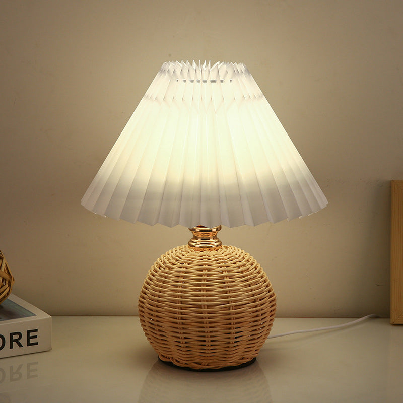 Nordic Rattan Pleated Fabric Conic LED Table Lamp 1-Light Lasson Living
