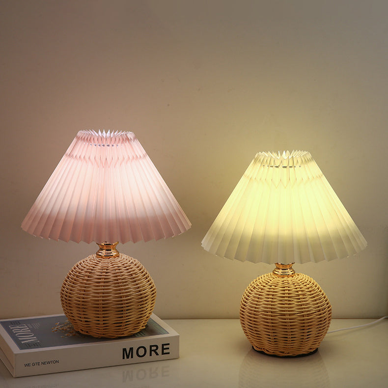 Nordic Rattan Pleated Fabric Conic LED Table Lamp 1-Light Lasson Living