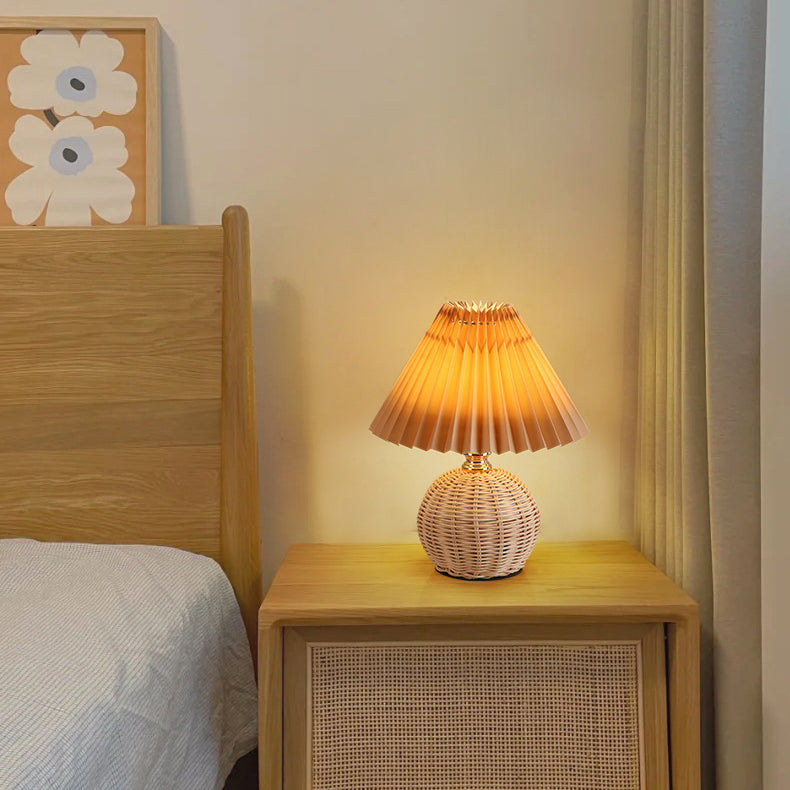 Nordic Rattan Pleated Fabric Conic LED Table Lamp 1-Light Lasson Living