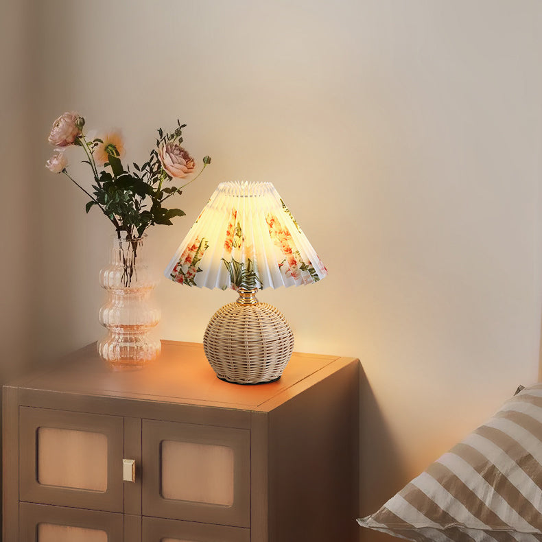 Nordic Rattan Pleated Fabric Conic LED Table Lamp 1-Light Lasson Living
