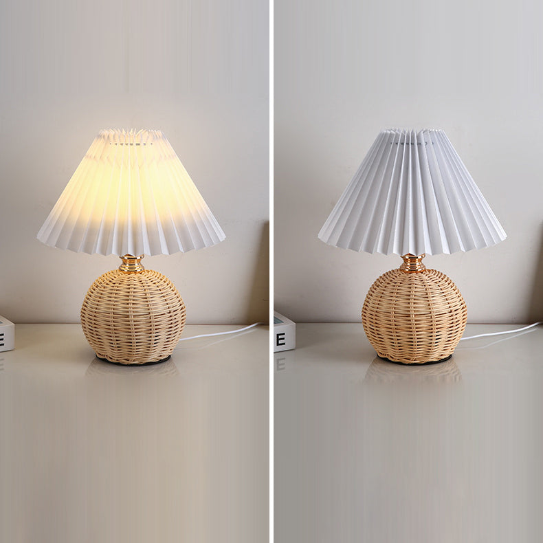 Nordic Rattan Pleated Fabric Conic LED Table Lamp 1-Light Lasson Living