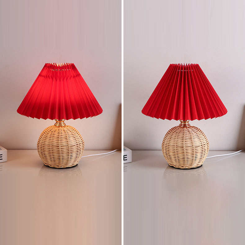Nordic Rattan Pleated Fabric Conic LED Table Lamp 1-Light Lasson Living