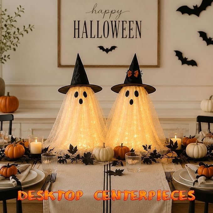 2 Pcs Halloween Table Decorations With String Lights And Remote Control Spooky Indoor Tabletop Ghosts - Image 2