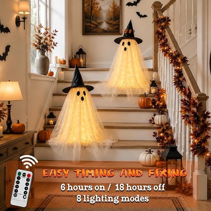 2 Pcs Halloween Table Decorations With String Lights And Remote Control Spooky Indoor Tabletop Ghosts - Image 3
