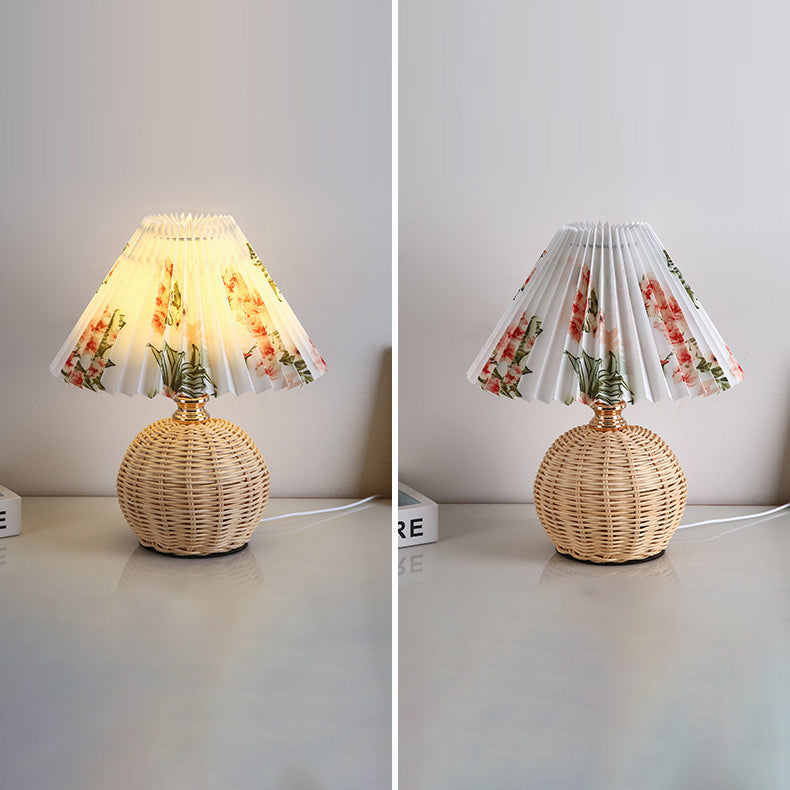 Nordic Rattan Pleated Fabric Conic LED Table Lamp 1-Light Lasson Living