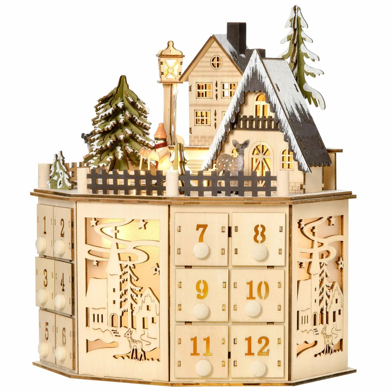 24 Compartments Warm LED Light Ambience Christmas Wooden Advent Calendar - Image 1