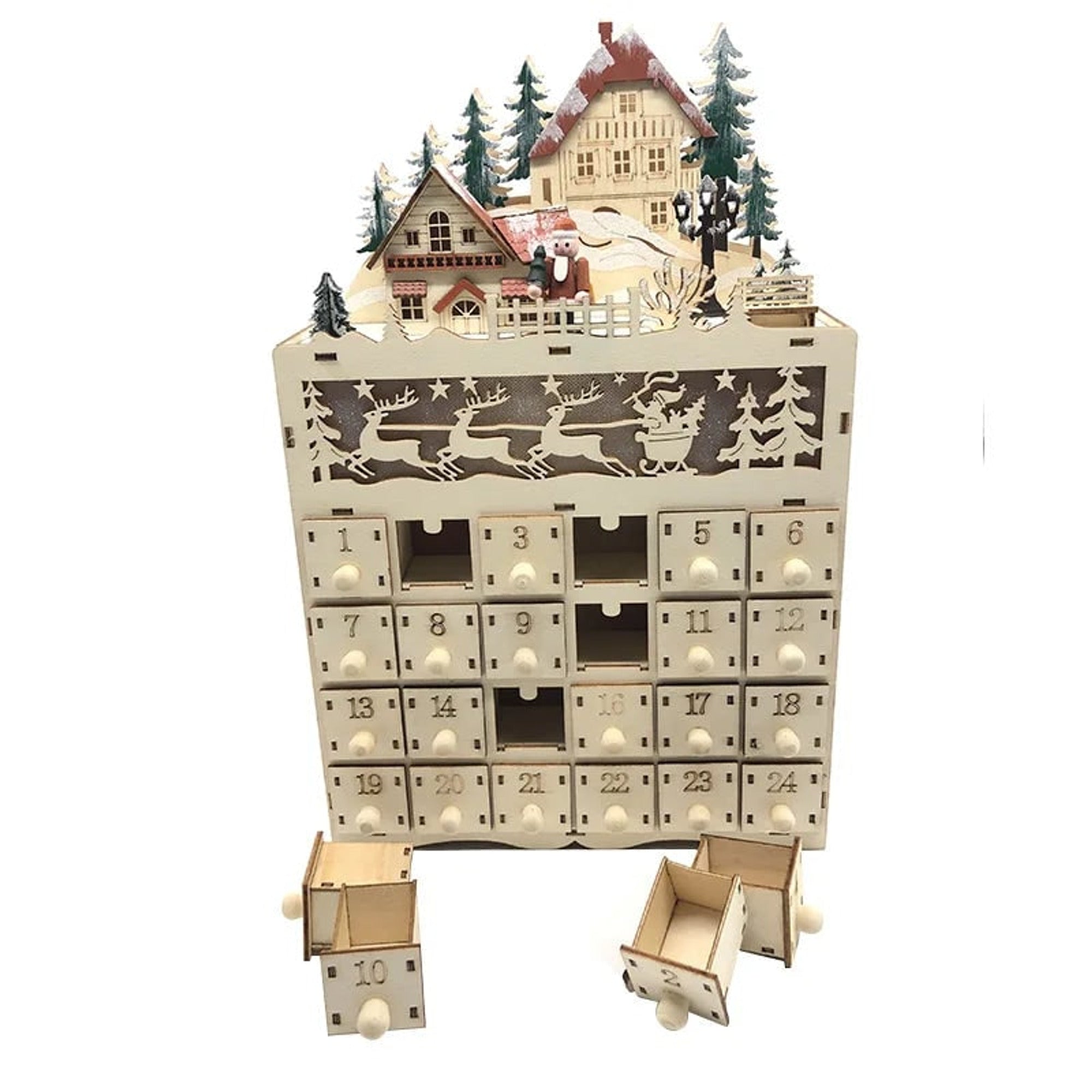 24 Compartments Warm LED Light Ambience Christmas Wooden Advent Calendar - Image 4