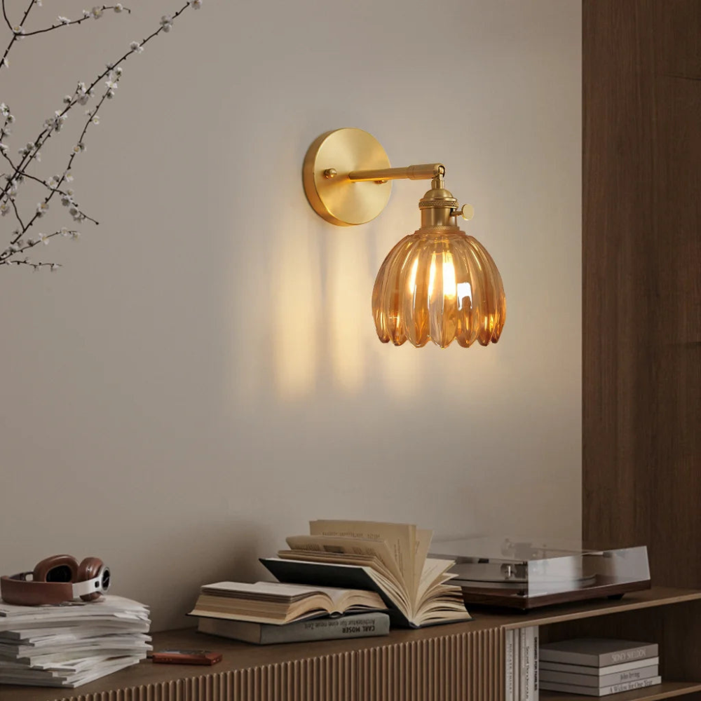Vintage Brass Tulip Glass Wall Sconce 1-Light Lasson Living