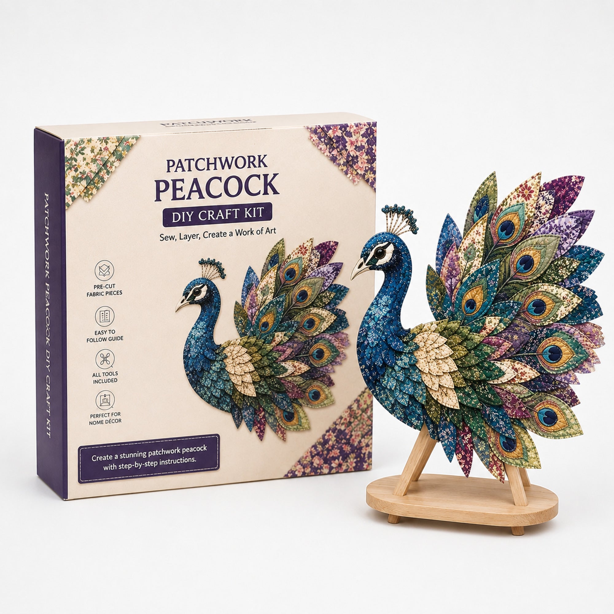 3D Fabric Patchwork Bird Kit With Pre-Cut Numbered Pieces And Wooden Stand - Image 2