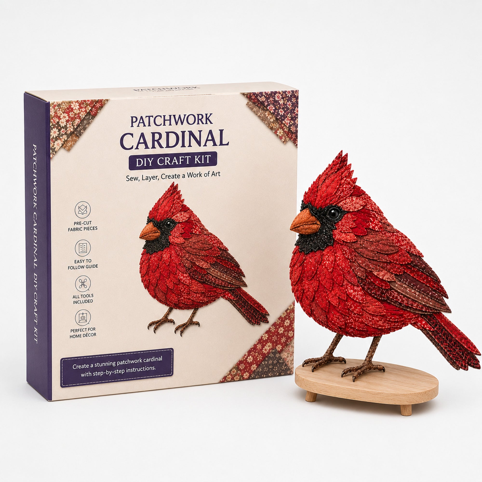 3D Fabric Patchwork Bird Kit With Pre-Cut Numbered Pieces And Wooden Stand - Image 8