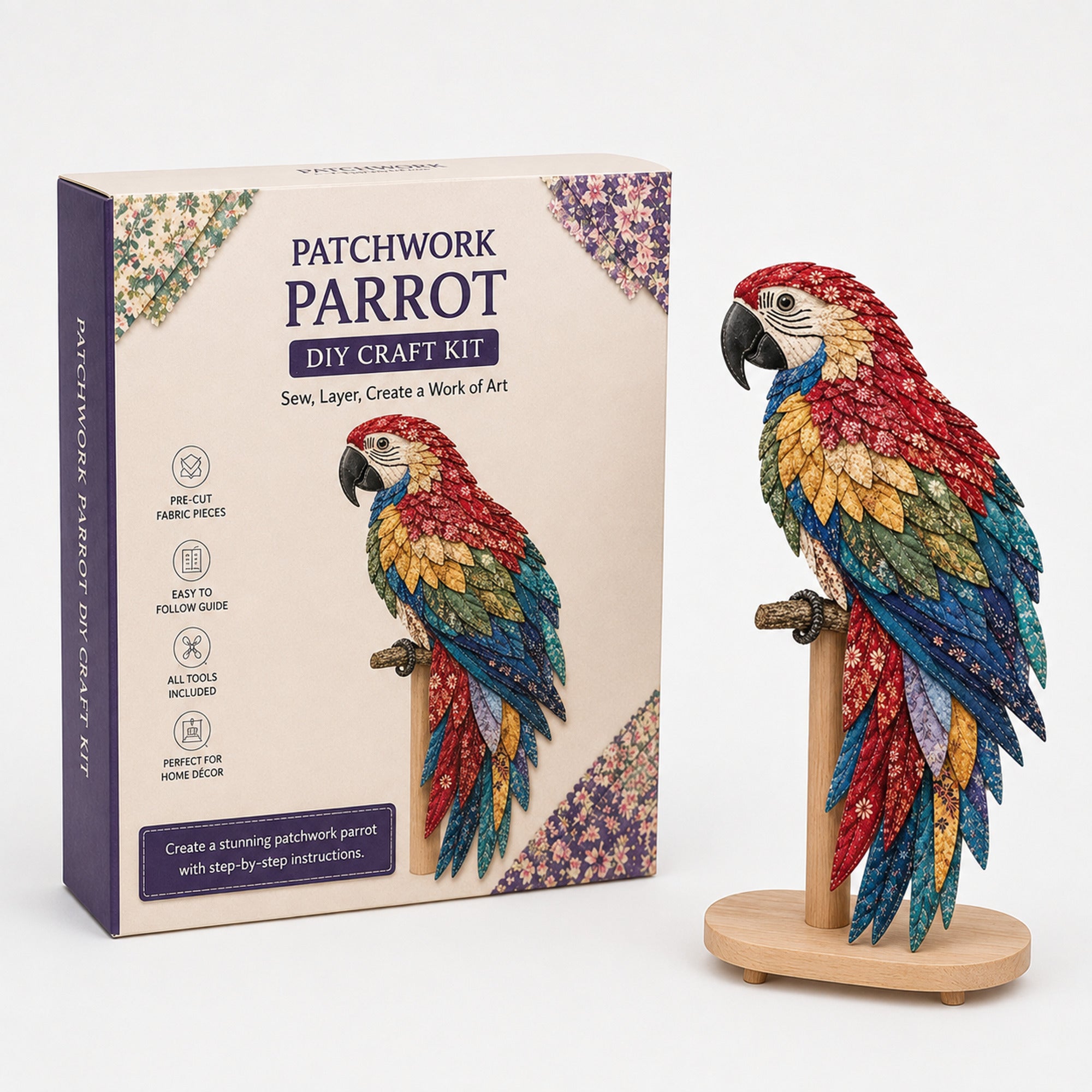 3D Fabric Patchwork Bird Kit With Pre-Cut Numbered Pieces And Wooden Stand - Image 3