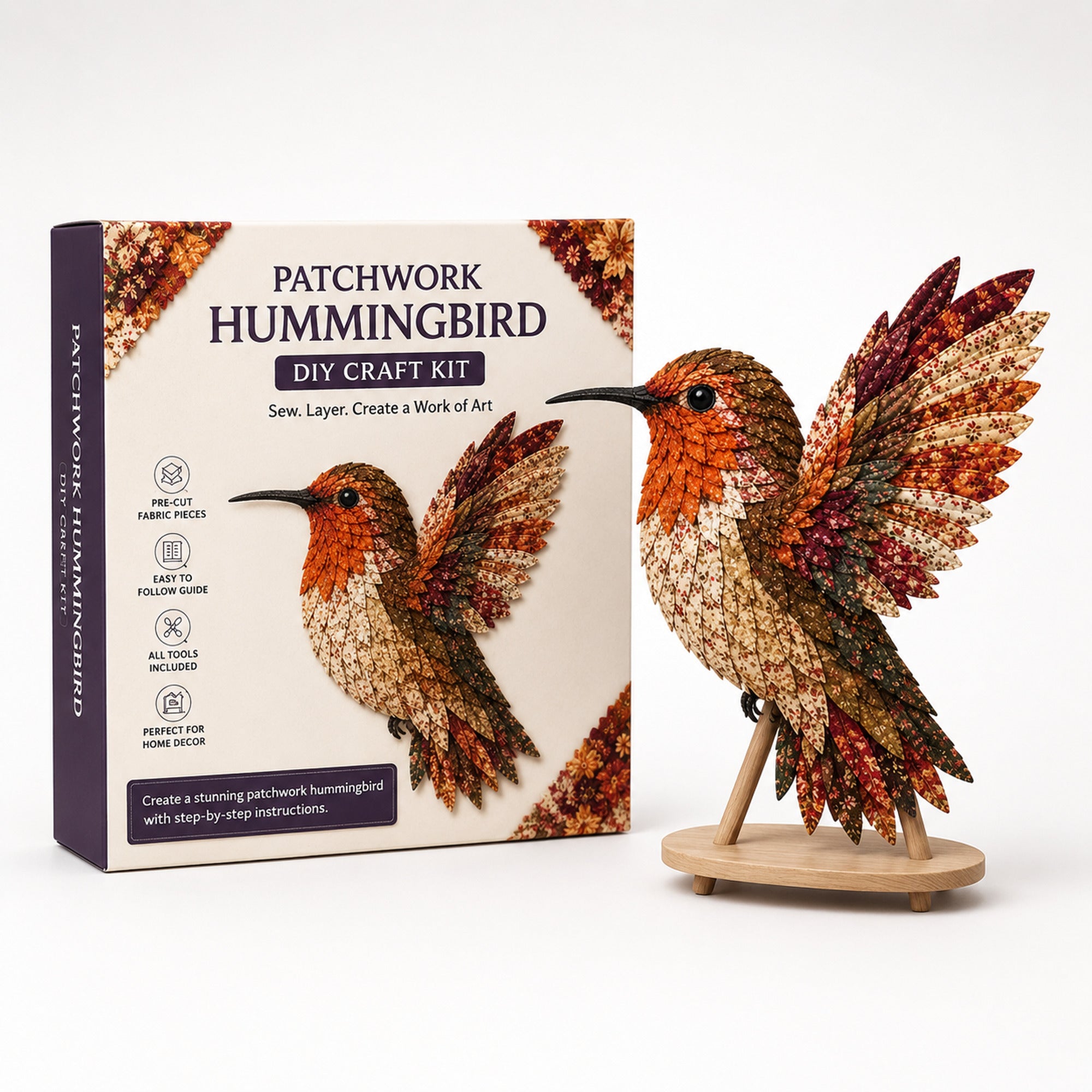 3D Fabric Patchwork Bird Kit With Pre-Cut Numbered Pieces And Wooden Stand - Image 11
