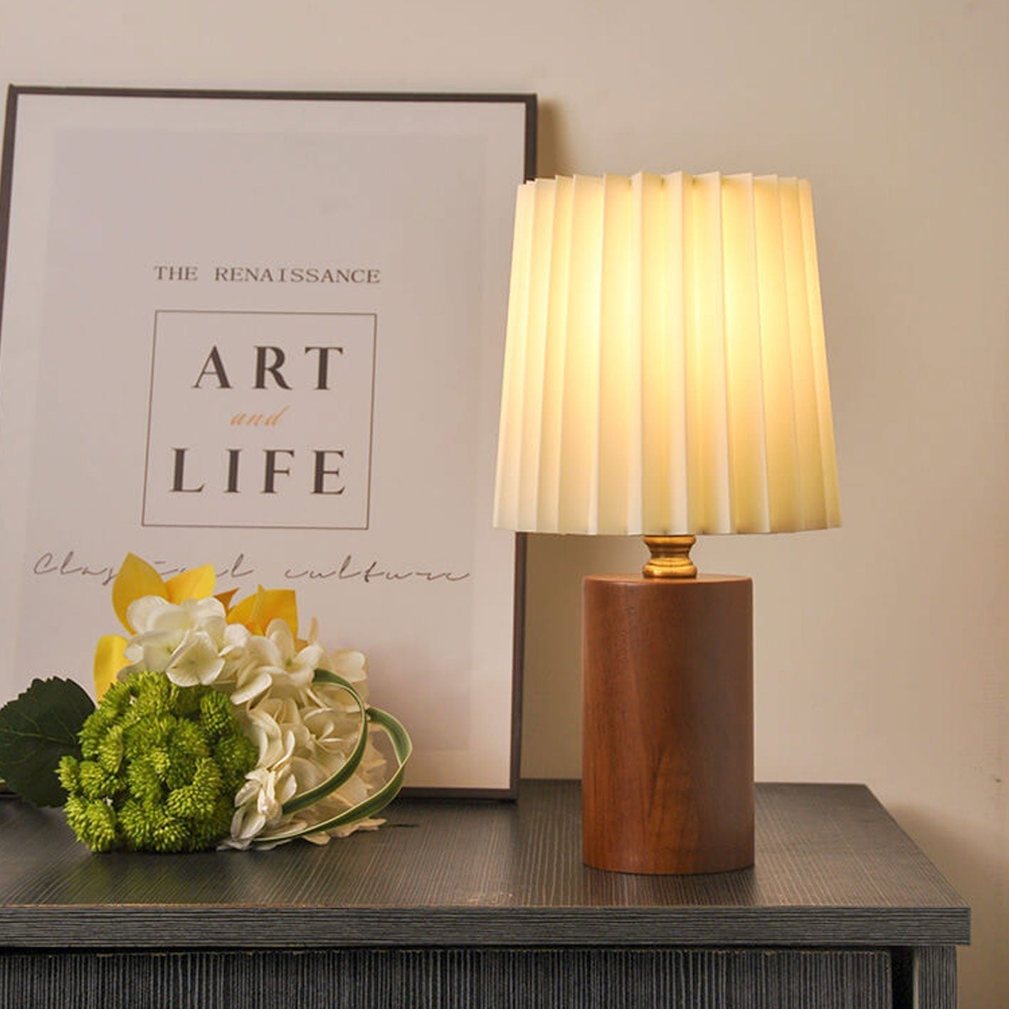 Vintage Korean Pleated Fabric Cylinder LED Table Lamp | 1-Light Lasson Living