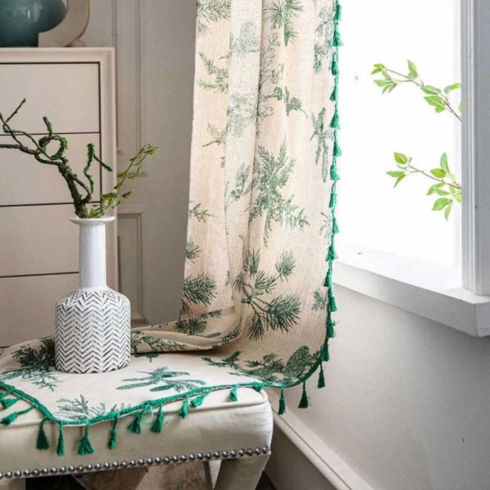 Green Pine Bird Pattern Tassel Curtain Lasson Living