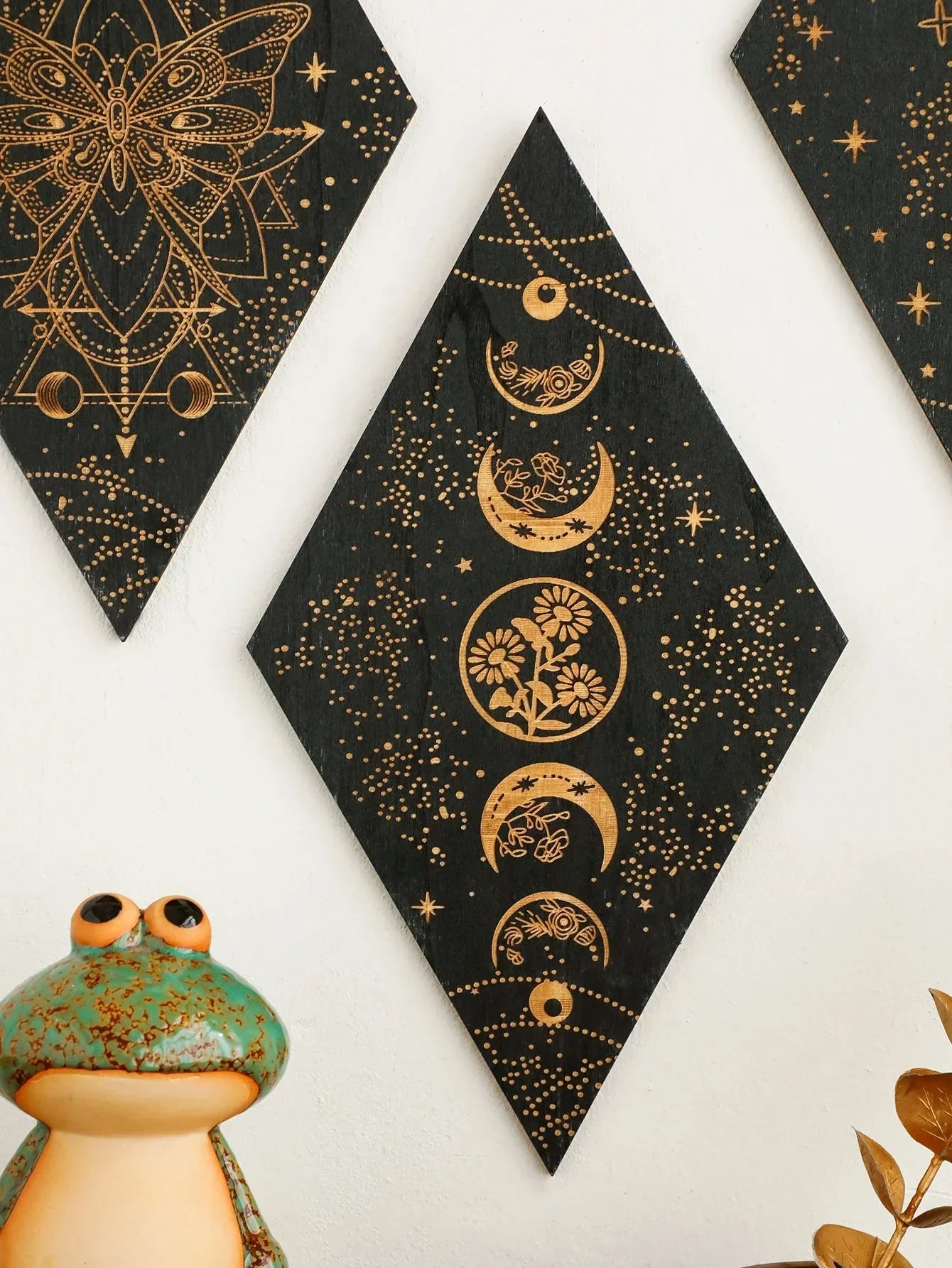 BowLift | Black Moon Phases Wooden Wall Decoration Rhombus Wall Art Boho Home Decor Witch Tapestry Decoration Room Decor Aesthetic Gift Lasson Living