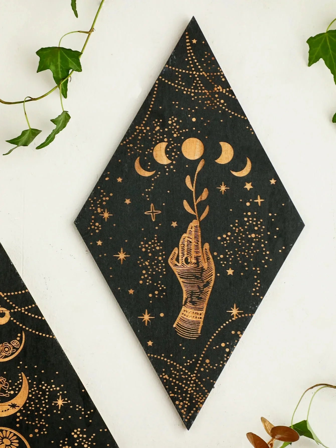 BowLift | Black Moon Phases Wooden Wall Decoration Rhombus Wall Art Boho Home Decor Witch Tapestry Decoration Room Decor Aesthetic Gift Lasson Living