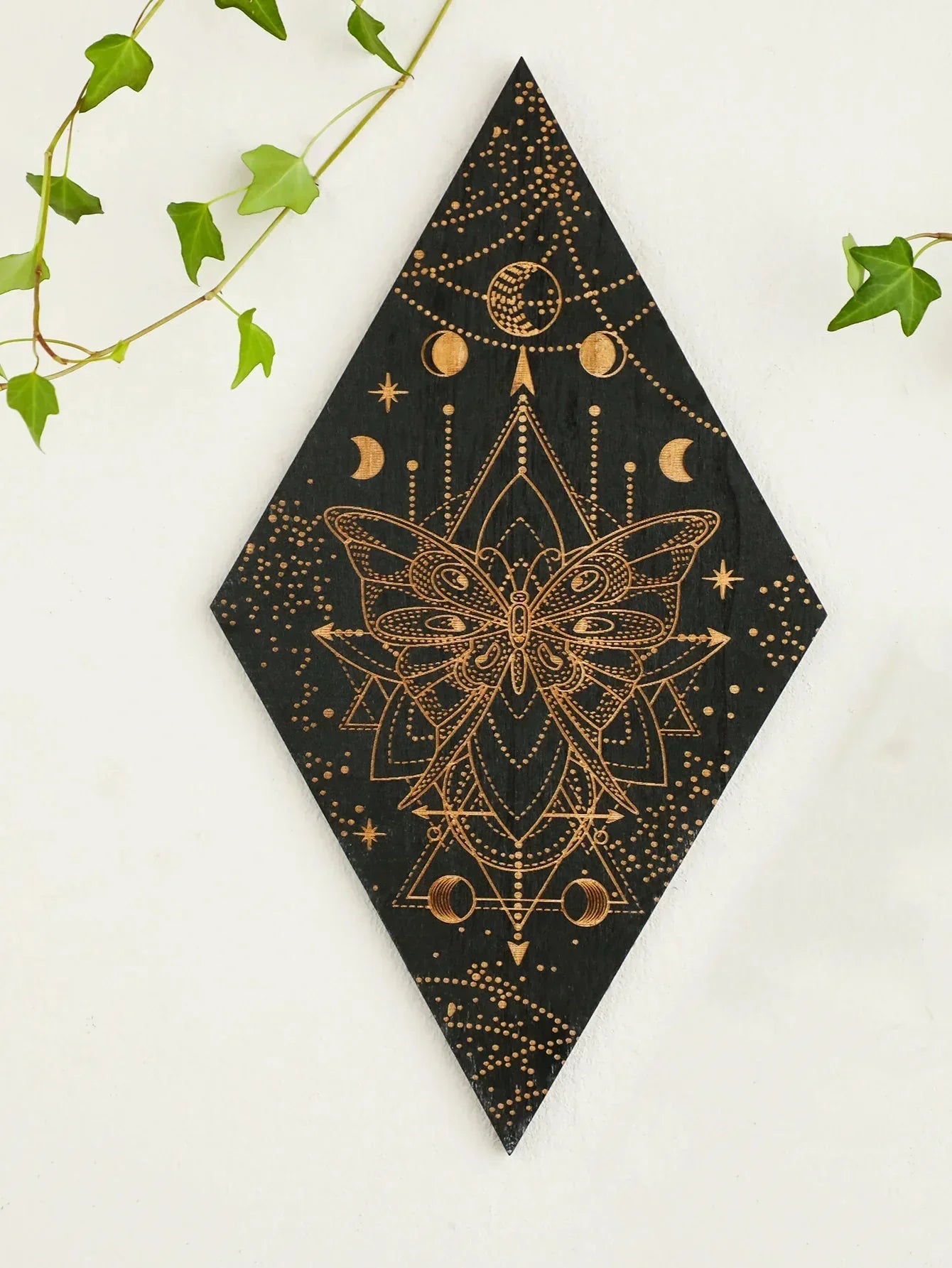 BowLift | Black Moon Phases Wooden Wall Decoration Rhombus Wall Art Boho Home Decor Witch Tapestry Decoration Room Decor Aesthetic Gift Lasson Living