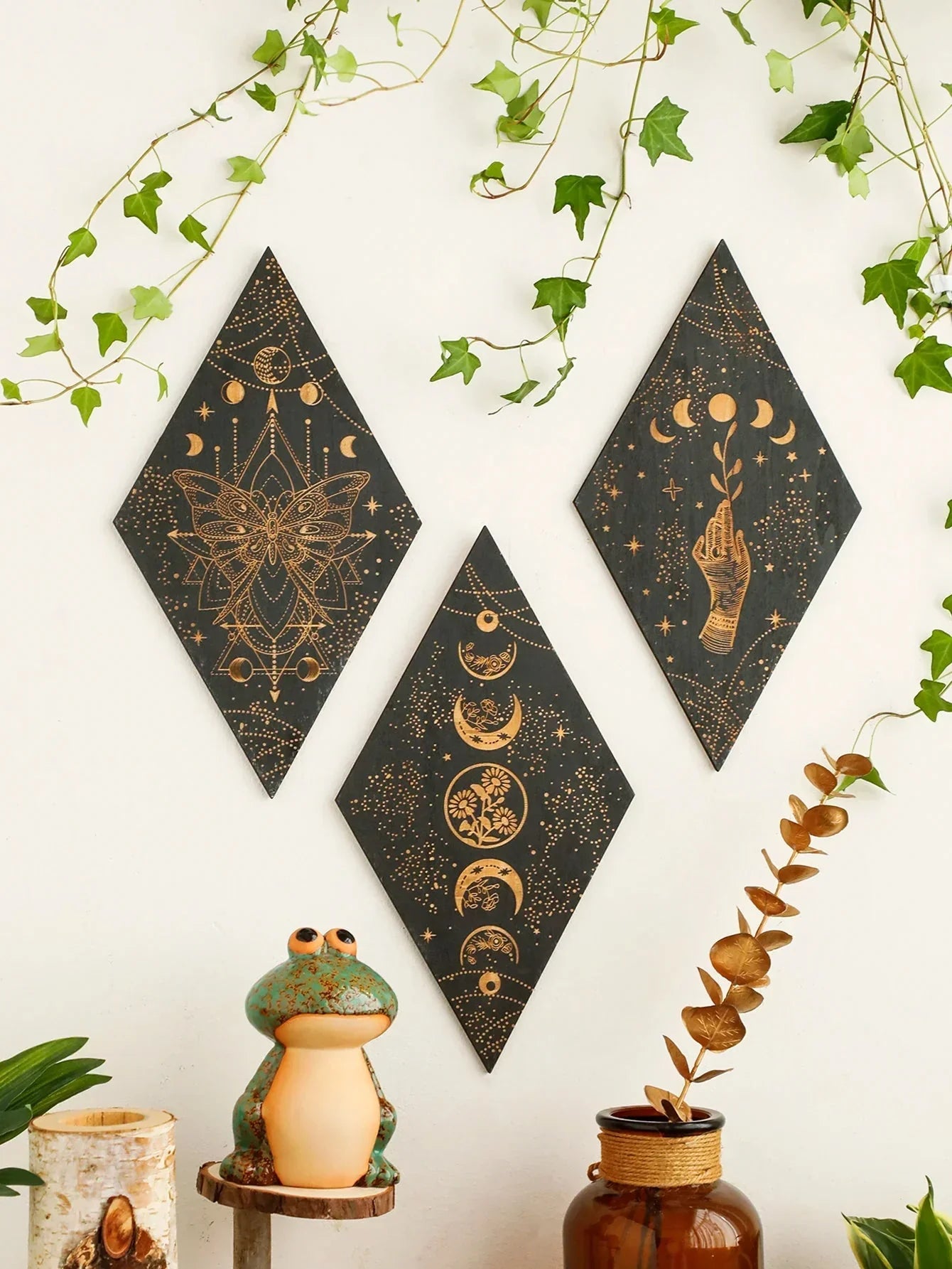 BowLift | Black Moon Phases Wooden Wall Decoration Rhombus Wall Art Boho Home Decor Witch Tapestry Decoration Room Decor Aesthetic Gift Lasson Living