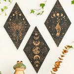BowLift | Black Moon Phases Wooden Wall Decoration Rhombus Wall Art Boho Home Decor Witch Tapestry Decoration Room Decor Aesthetic Gift Lasson Living