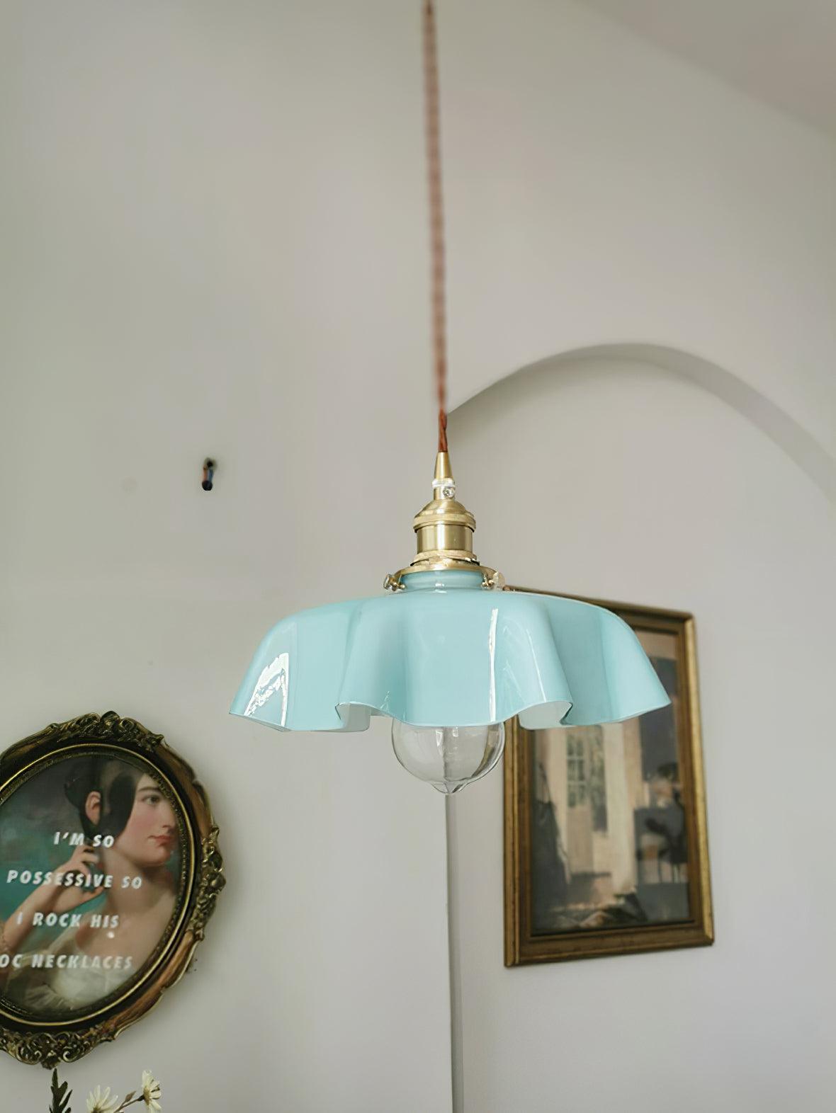 French Ruffled Glass Brass Pendant Light 1-Light Lasson Living