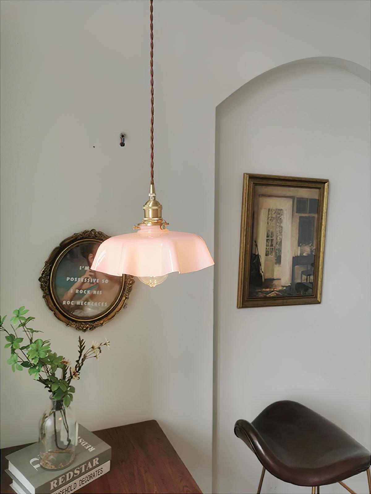 French Ruffled Glass Brass Pendant Light 1-Light Lasson Living
