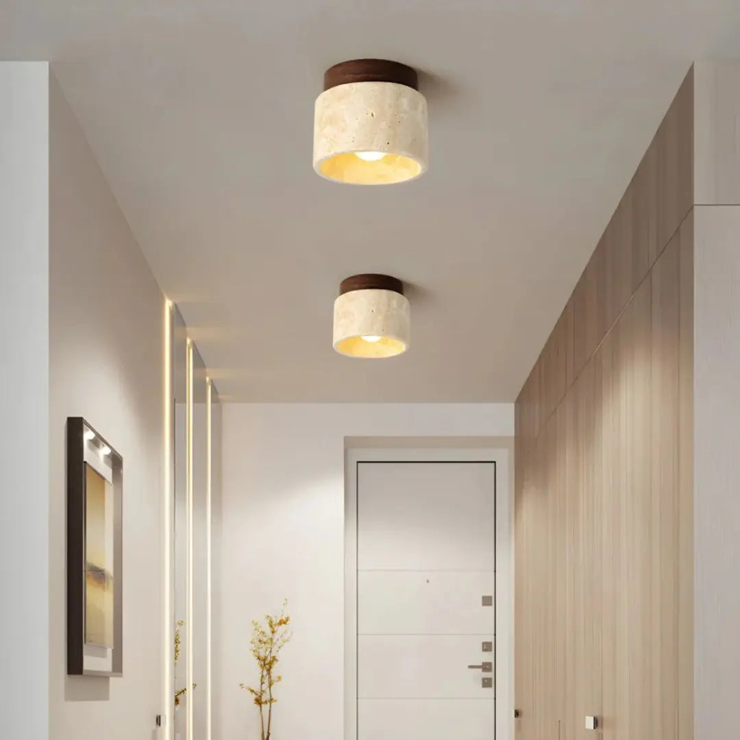 Elegant Travertine Ceiling Light Fixture with Wooden Accent – Japanese Design for Home Decor and Warm Ambient Lighting Lasson Living