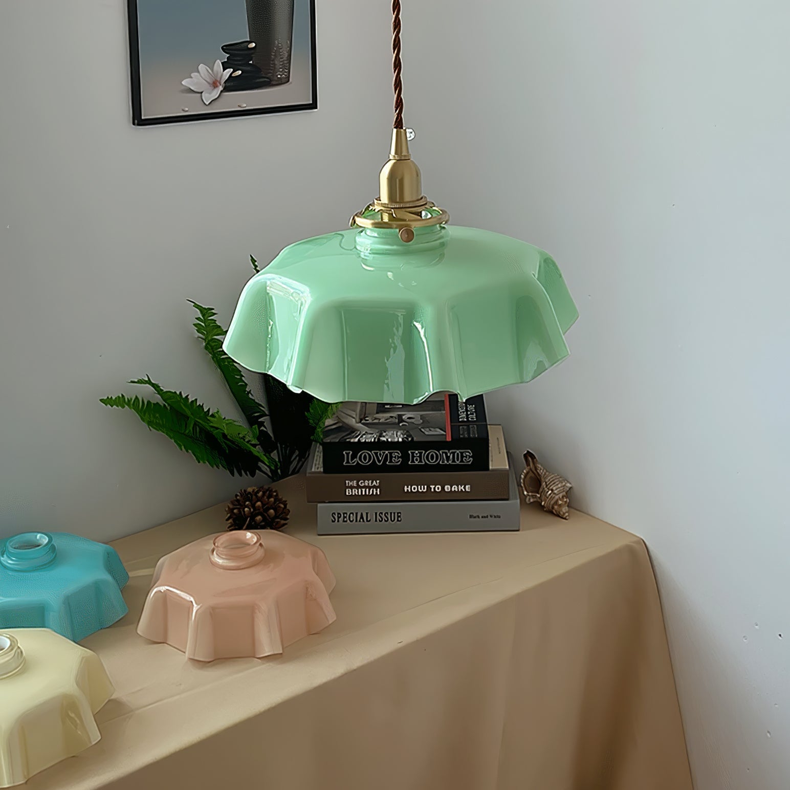 French Ruffled Glass Brass Pendant Light 1-Light Lasson Living