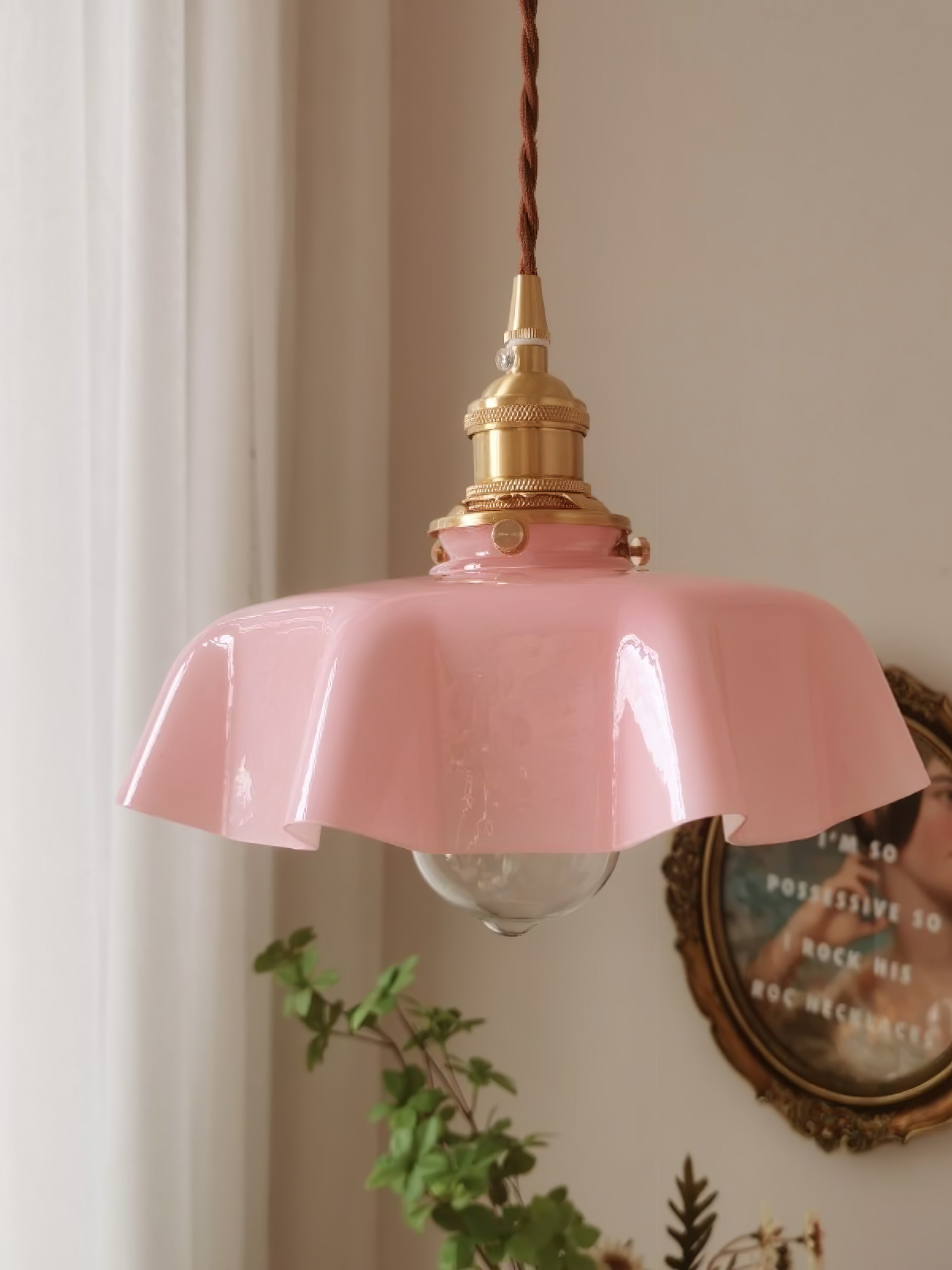 French Ruffled Glass Brass Pendant Light 1-Light Lasson Living
