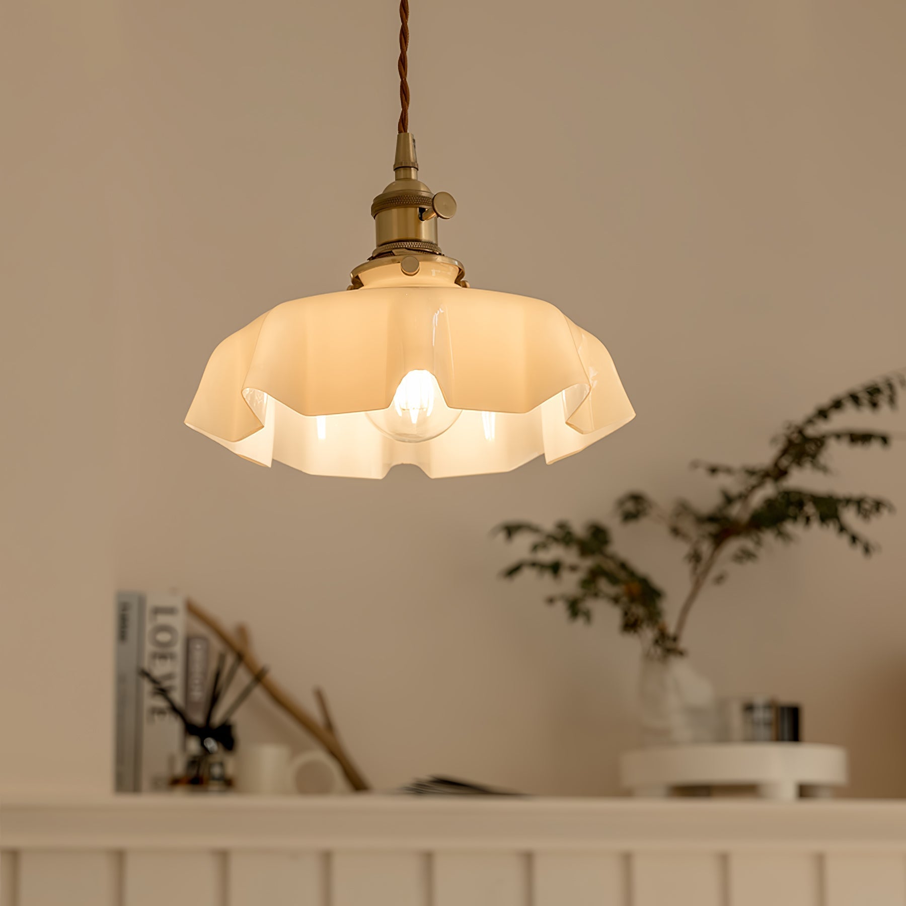 French Ruffled Glass Brass Pendant Light 1-Light Lasson Living