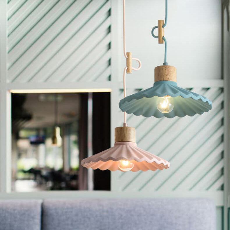 Modern Wood and Cement Scalloped Pendant Light | 1-Light Lasson Living
