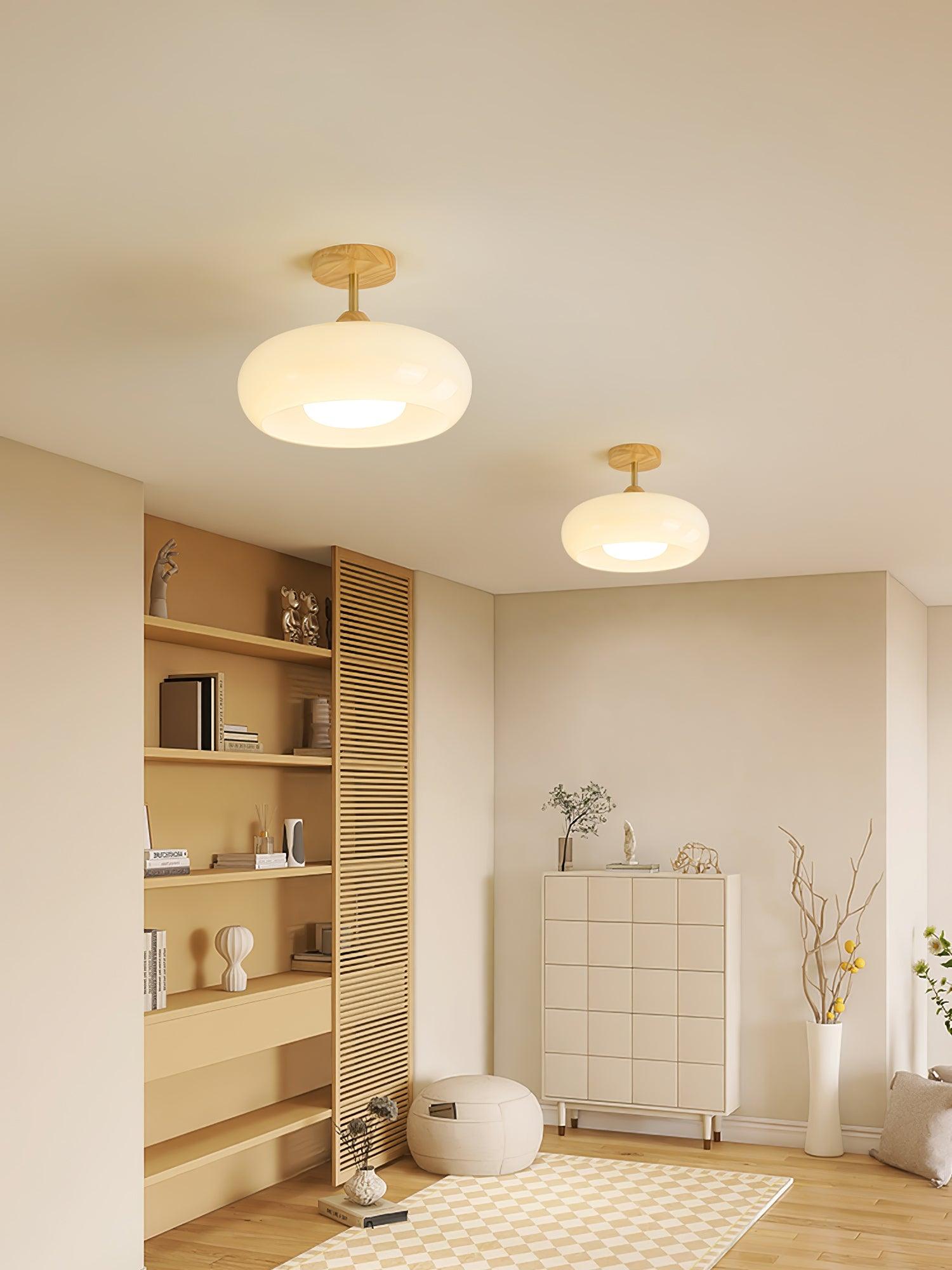 Nordic Wooden Dome Glass LED Semi-Flush Mount Ceiling Light 1-Light Lasson Living