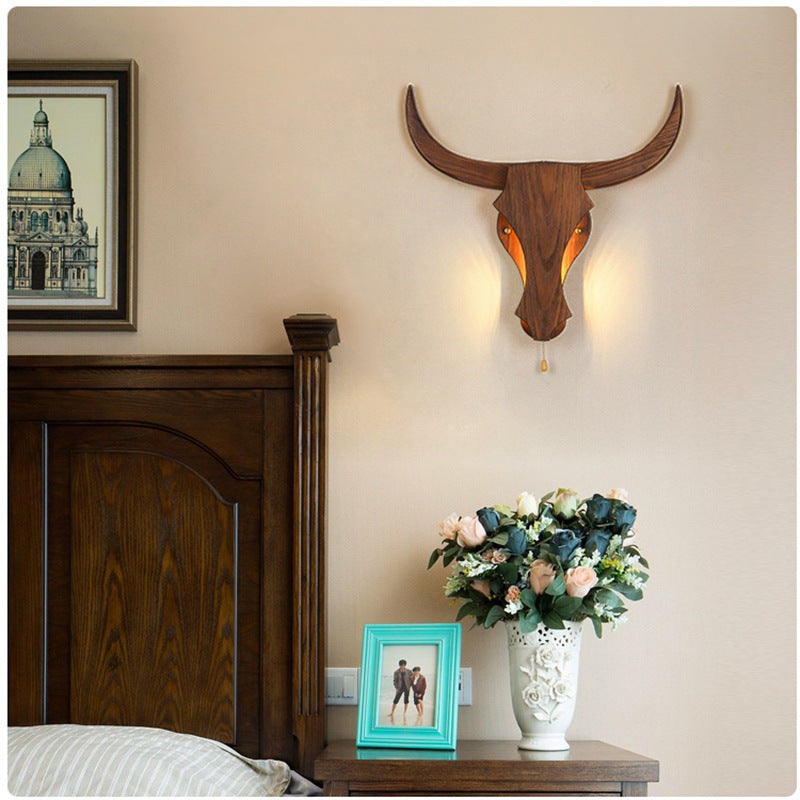 Rustic Wood Bull Head LED Wall Sconce Lamp 1-Light Lasson Living