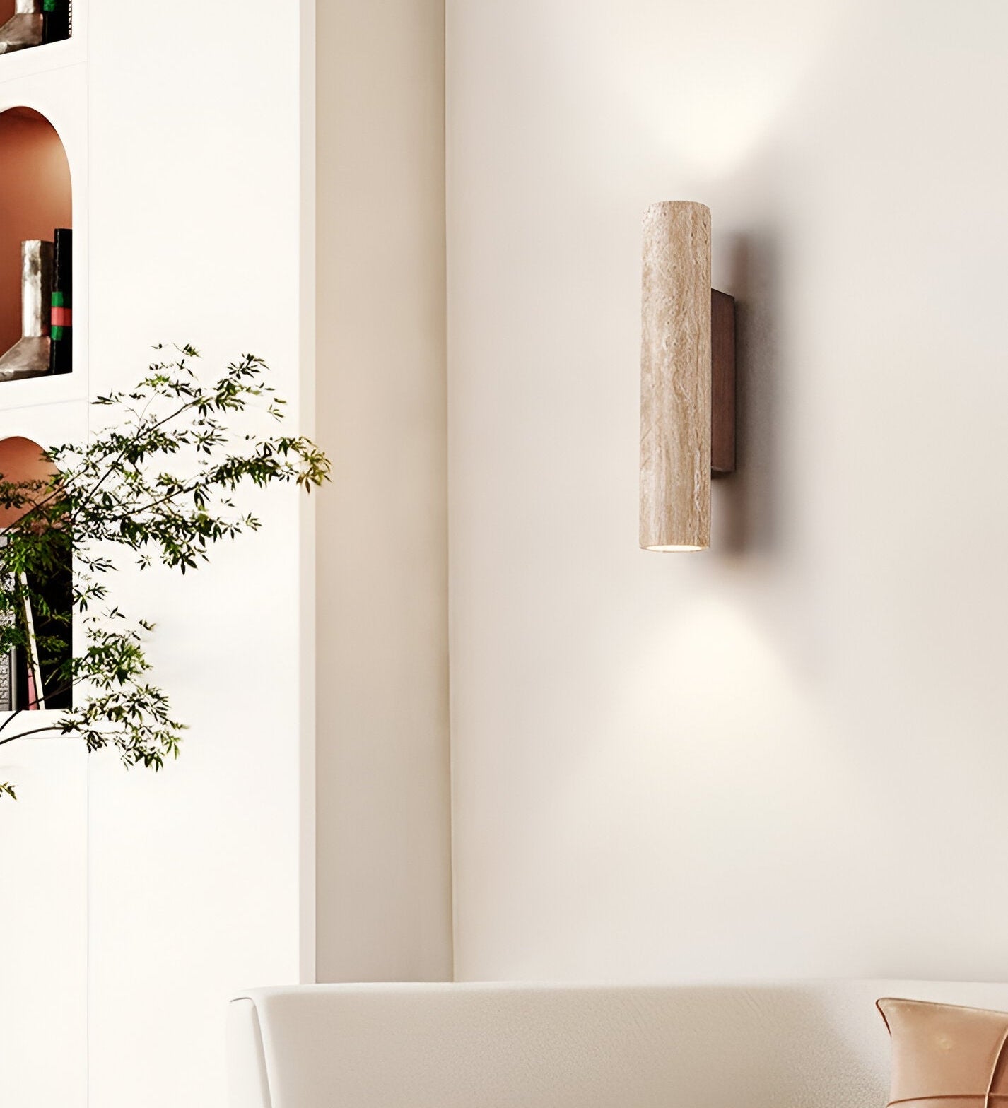 Japandi Travertine Wood Cylinder Wall Sconce LED 1-light Lasson Living