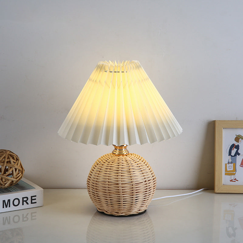 Nordic Rattan Pleated Fabric Conic LED Table Lamp 1-Light Lasson Living