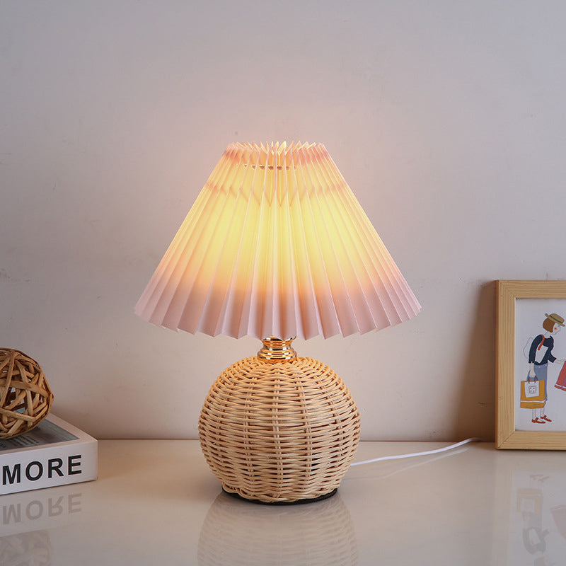 Nordic Rattan Pleated Fabric Conic LED Table Lamp 1-Light Lasson Living