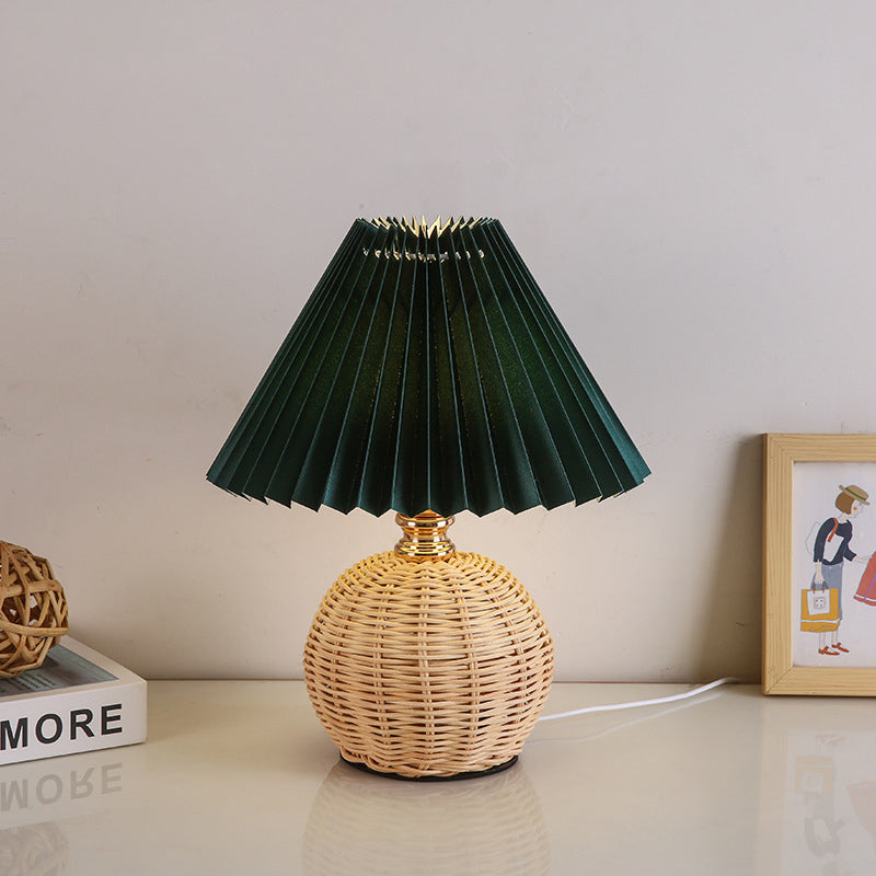 Nordic Rattan Pleated Fabric Conic LED Table Lamp 1-Light Lasson Living
