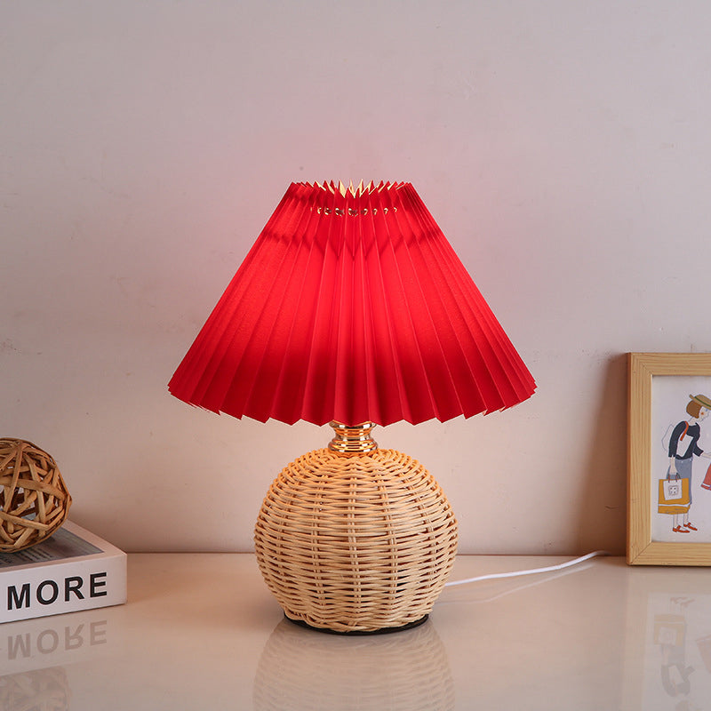 Nordic Rattan Pleated Fabric Conic LED Table Lamp 1-Light Lasson Living