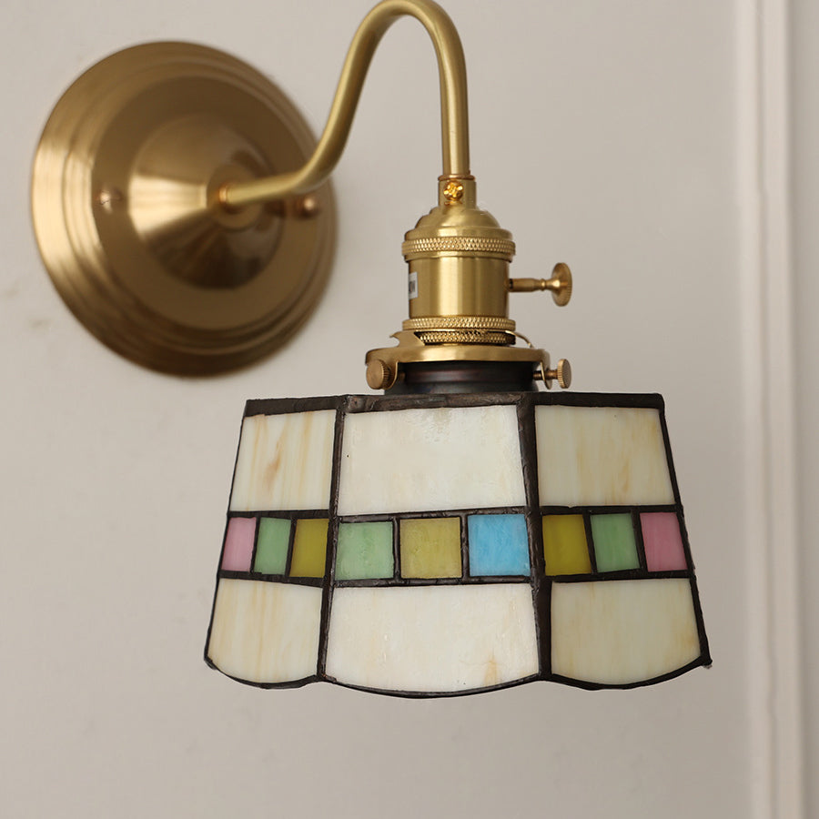 Vintage Tiffany Glass Brass Wall Sconce Lamp 1-Light Lasson Living