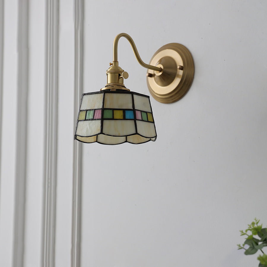 Vintage Tiffany Glass Brass Wall Sconce Lamp 1-Light Lasson Living