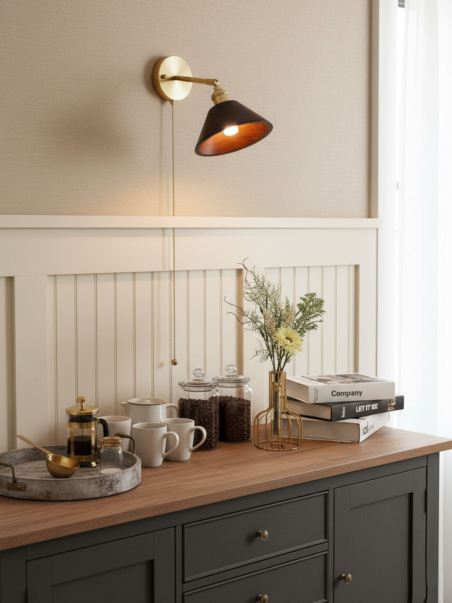 Vintage Dome Wooden Brass Wall Sconce 1-Light Lasson Living