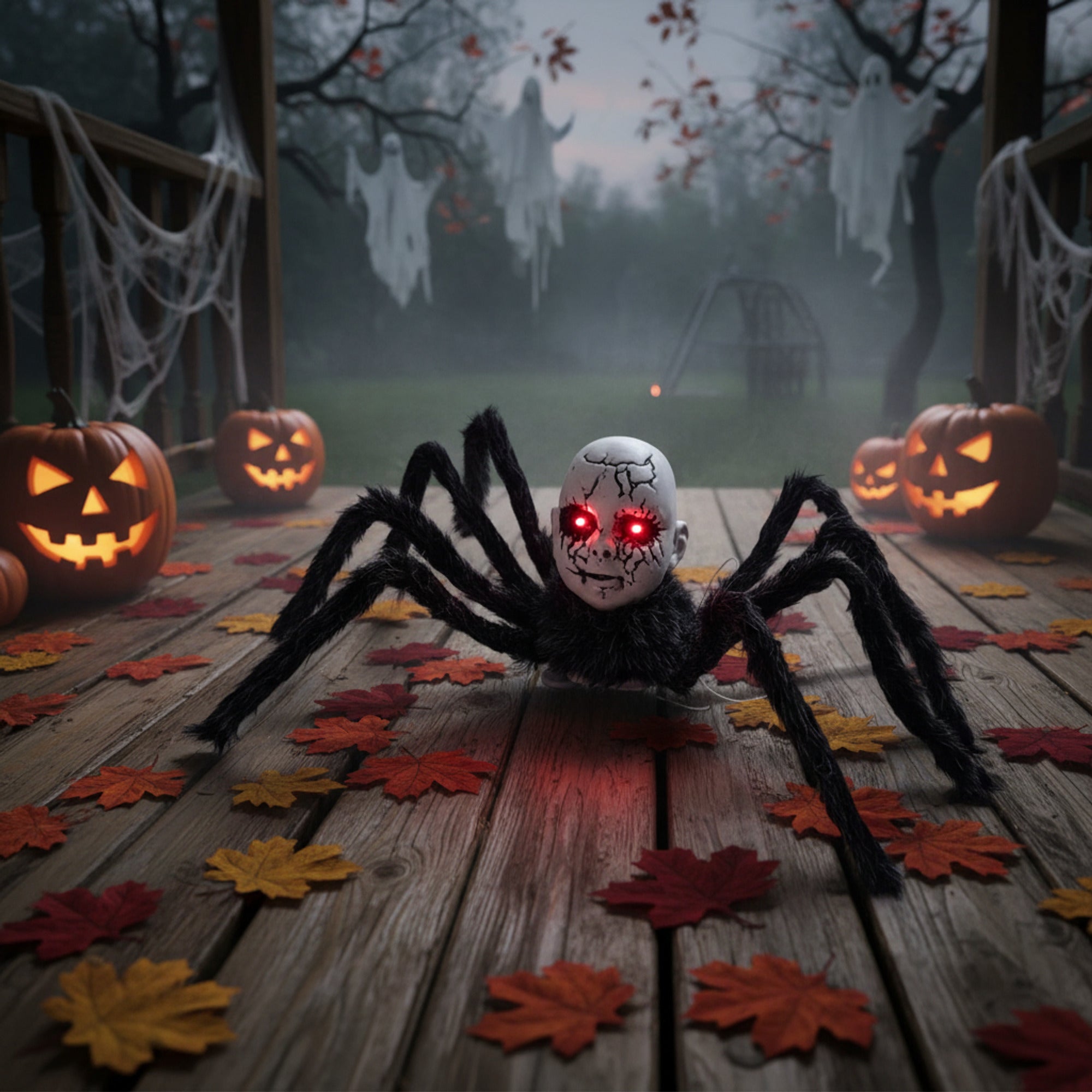 Animatronic Halloween Prop Spider Doll Face Glowing Eyes - Image 1