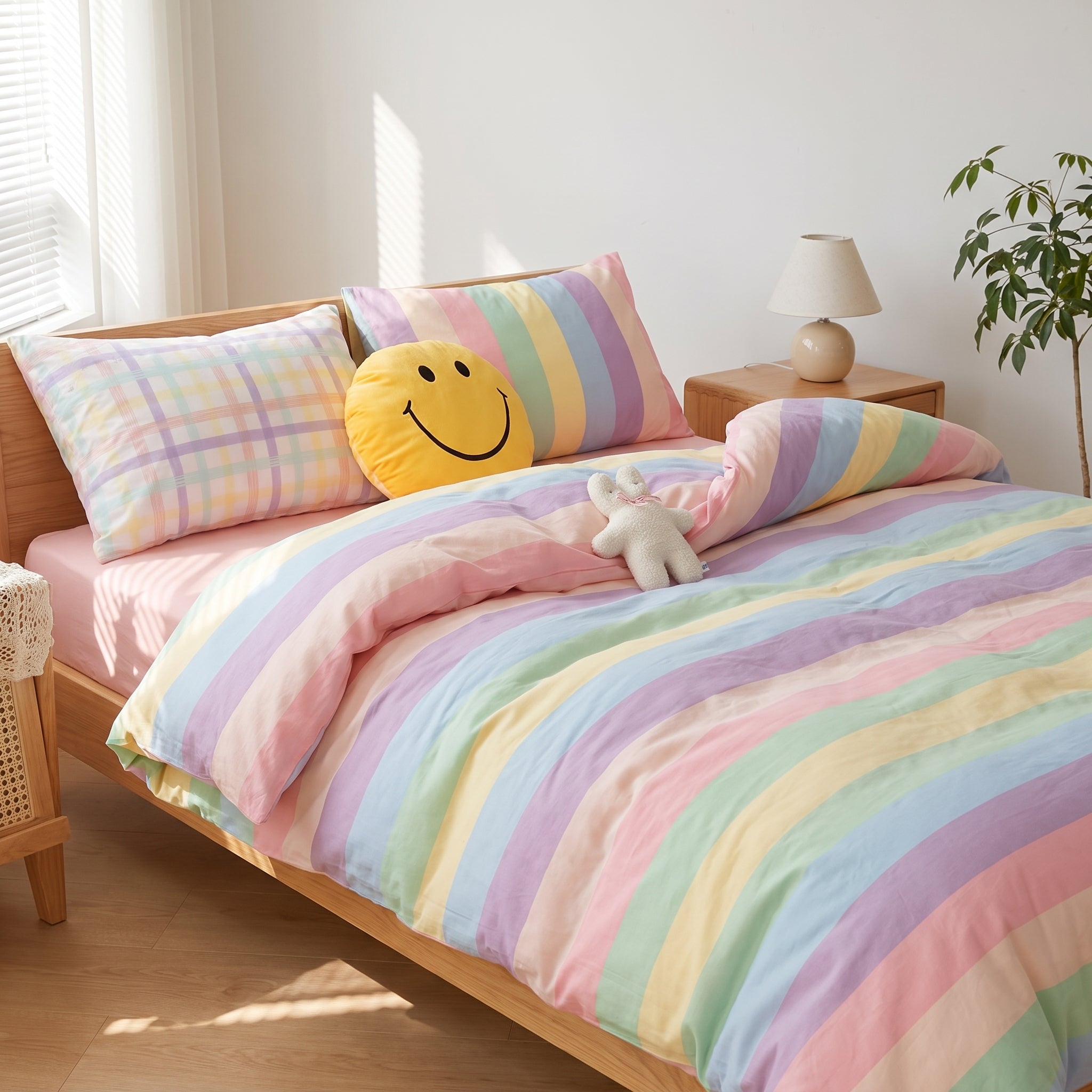 Bedding Set Pastel Rainbow Striped Duvet Cover And Pillowcases - Image 1