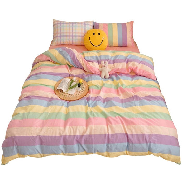 Bedding Set Pastel Rainbow Striped Duvet Cover And Pillowcases - Image 4