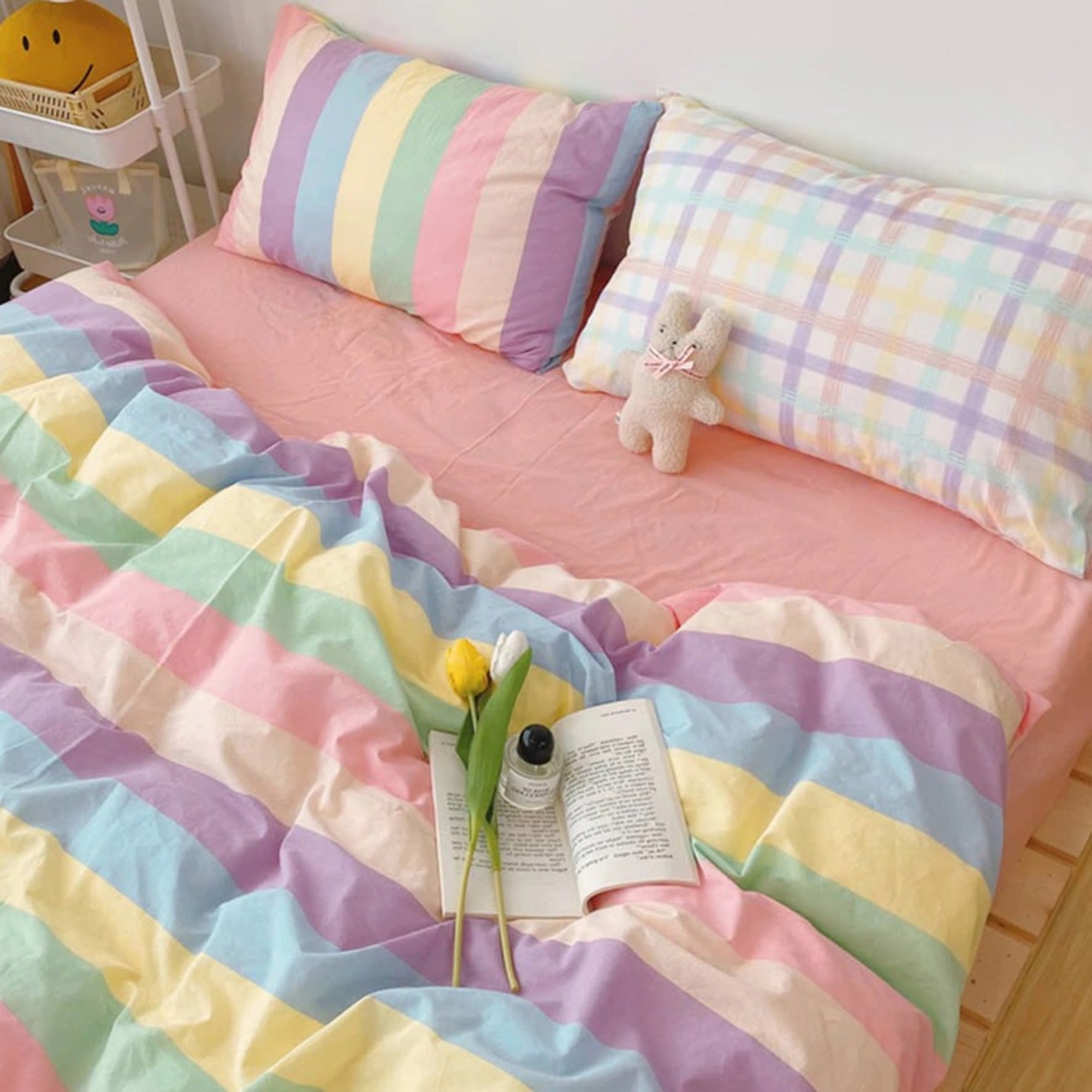 Bedding Set Pastel Rainbow Striped Duvet Cover And Pillowcases - Image 3