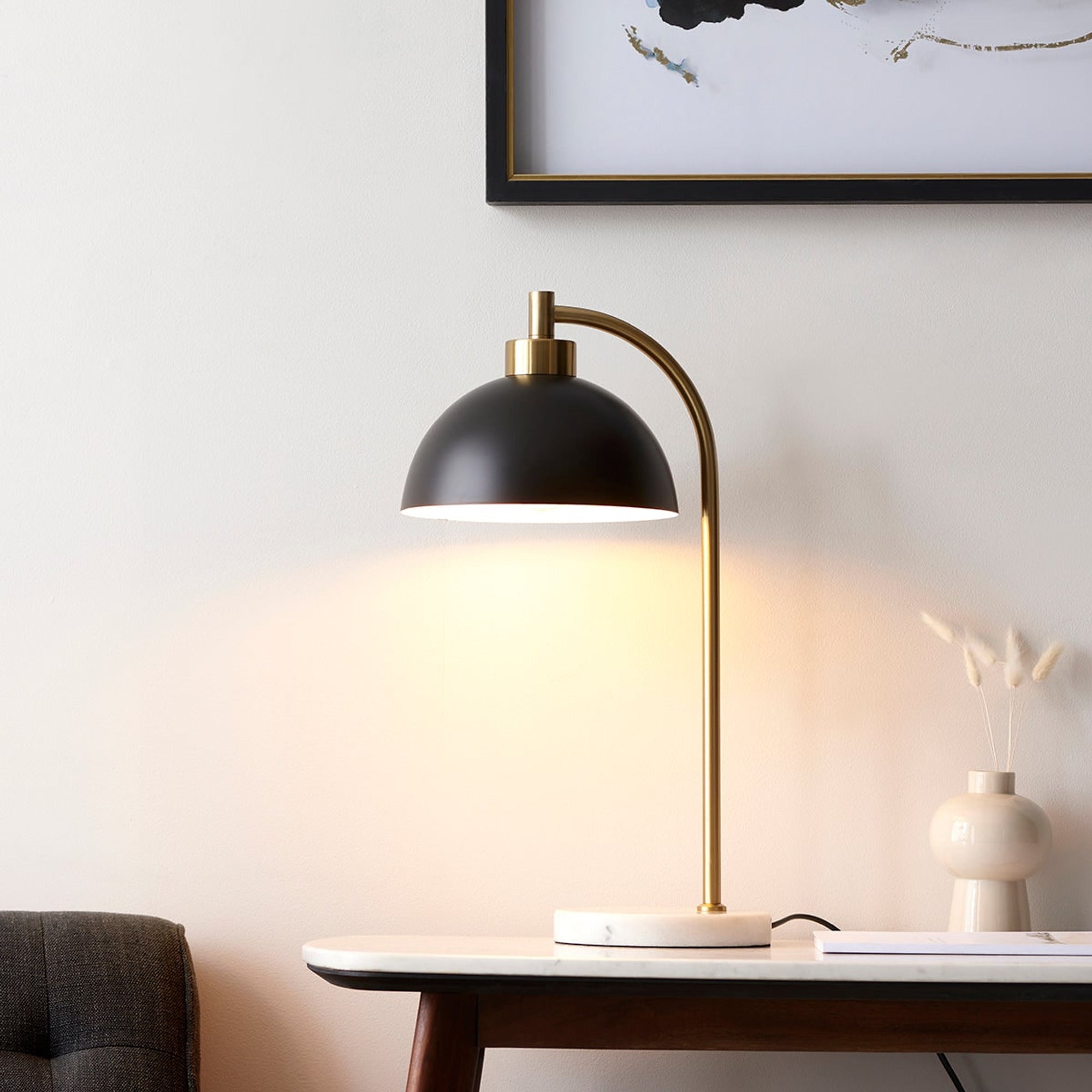 Black Table Lamps With Antique Brass Dome Shade And Marble Base - Image 2