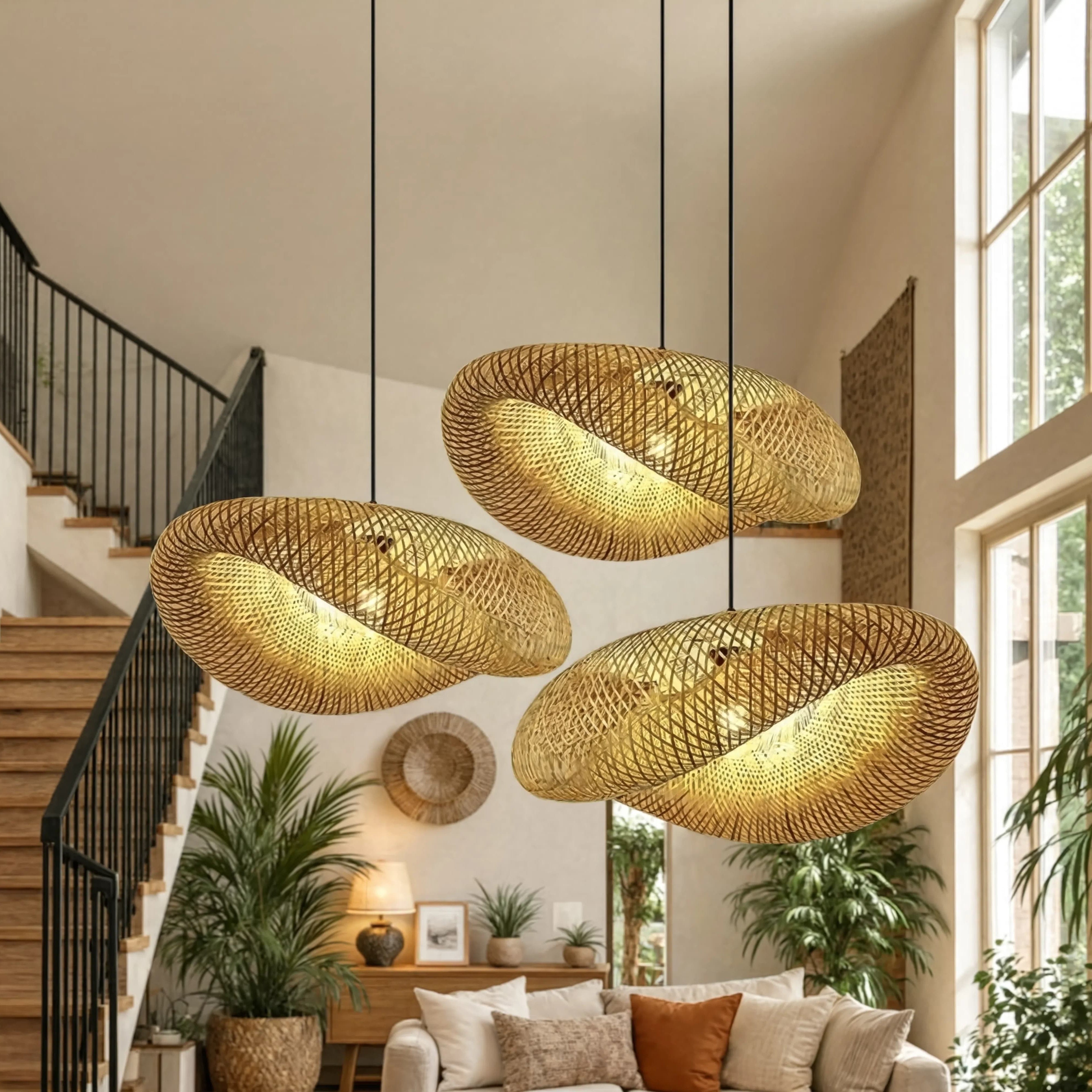 Boho Braided Bamboo Pendant Light With Black Base - Image 10