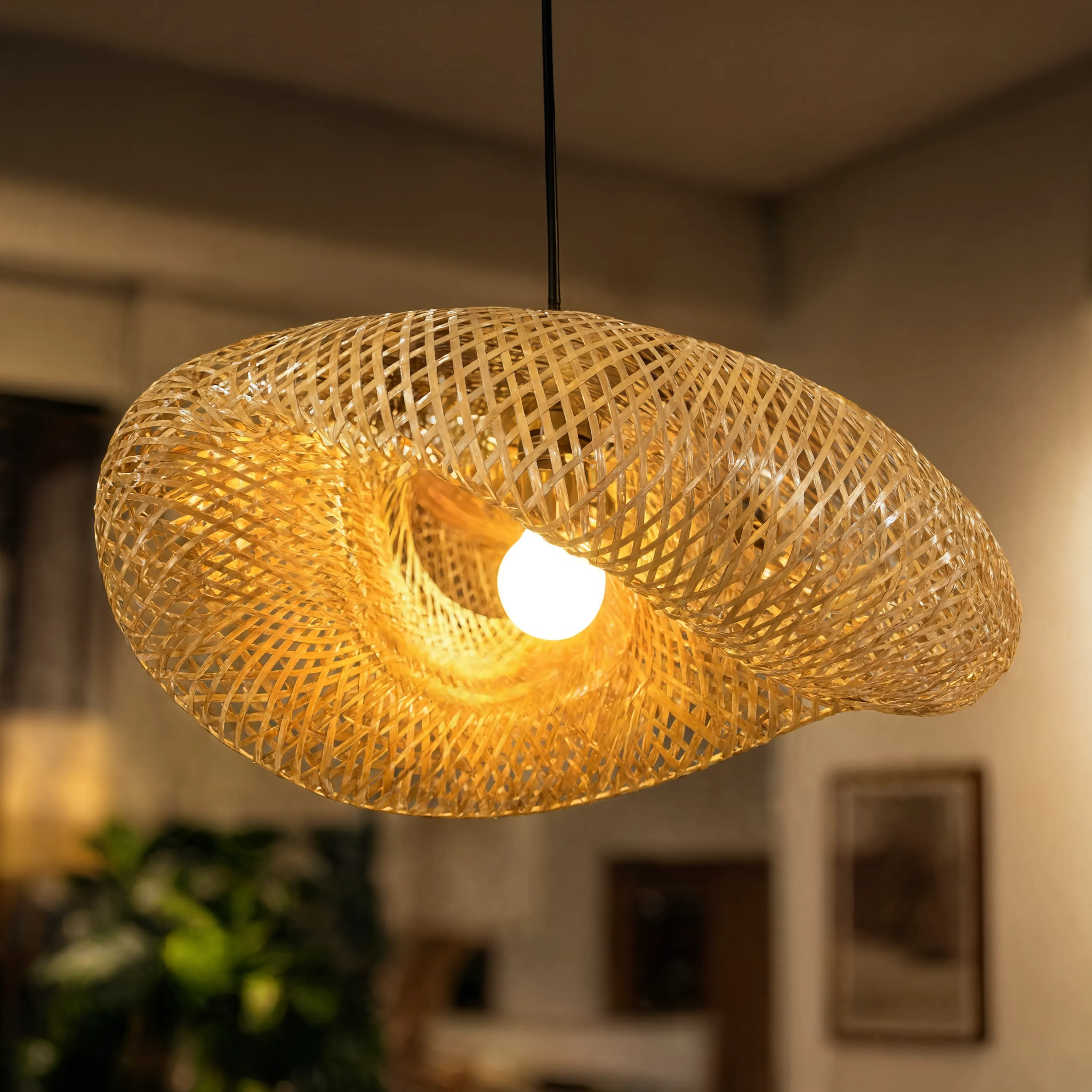 Boho Braided Bamboo Pendant Light With Black Base - Image 6
