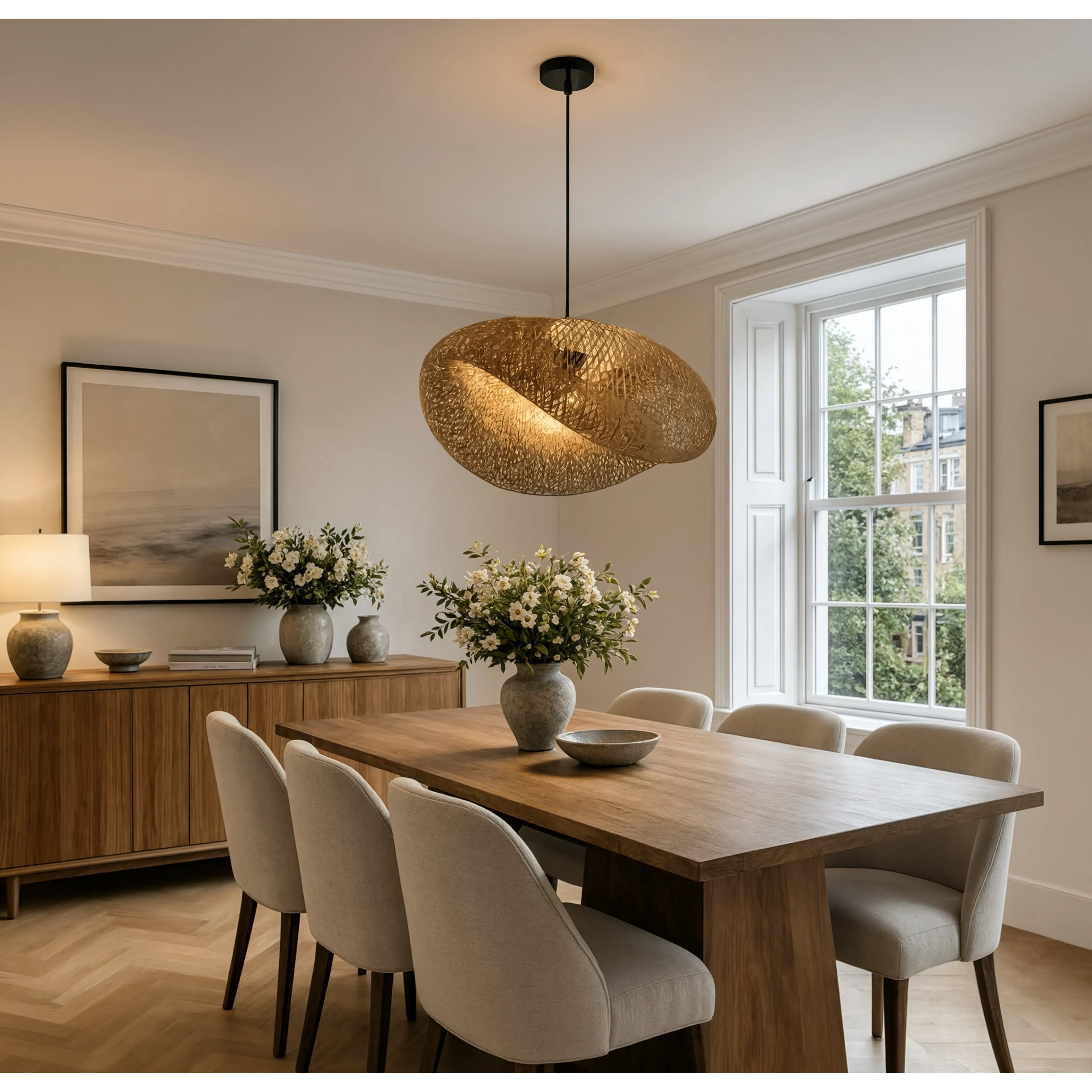 Boho Braided Bamboo Pendant Light With Black Base - Image 7
