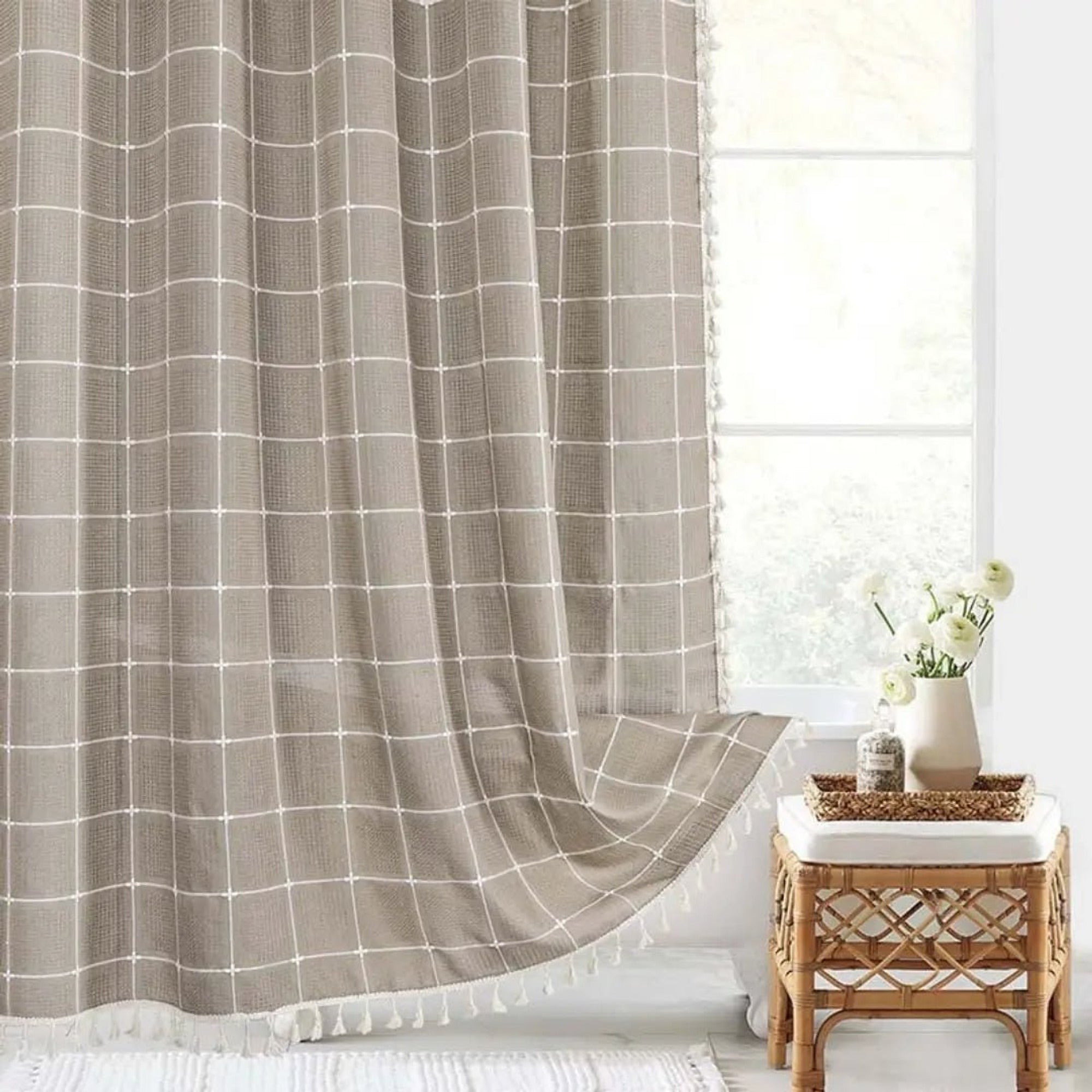 Boho Linen Shower Curtain With Tassel Hem - Image 1