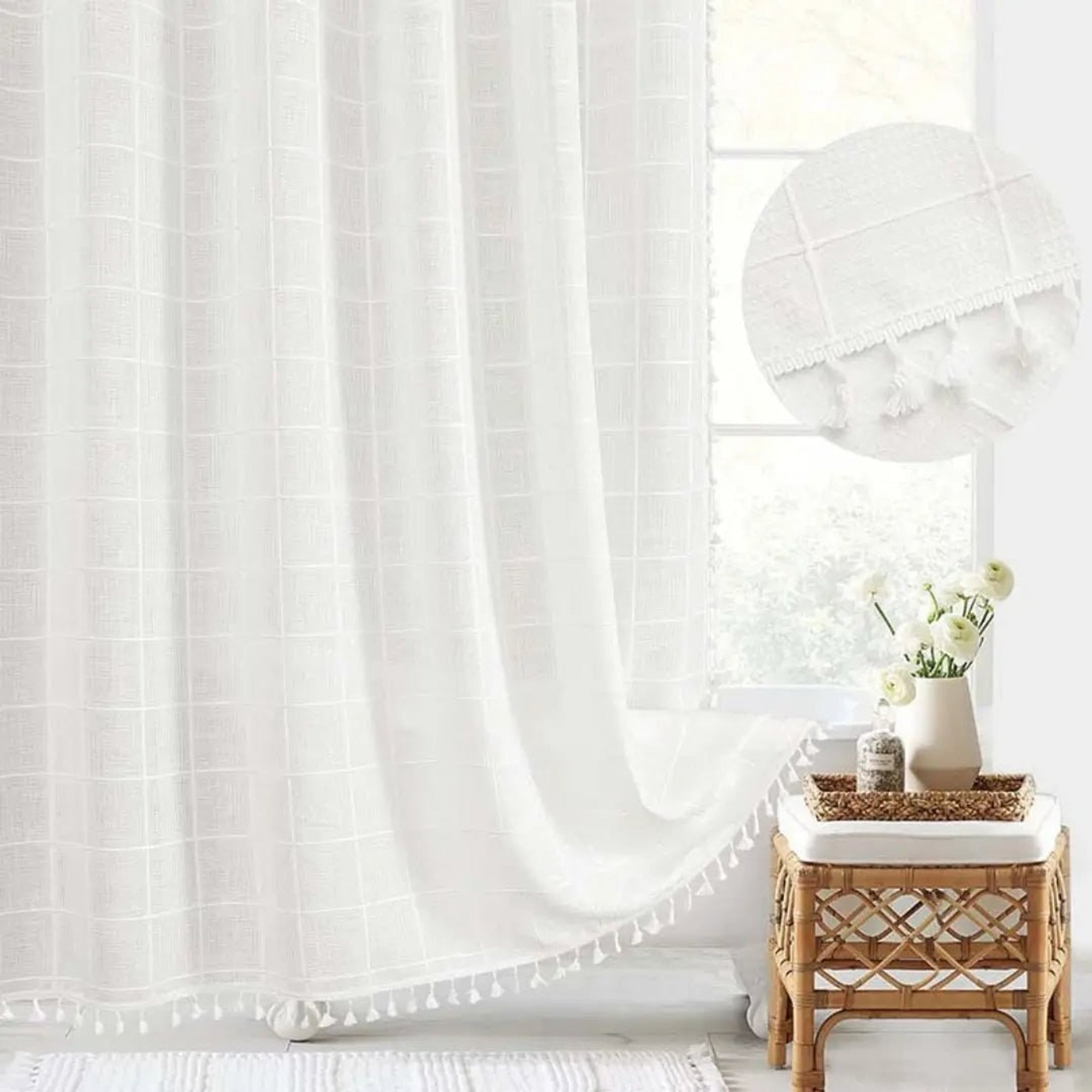 Boho Linen Shower Curtain With Tassel Hem - Image 4